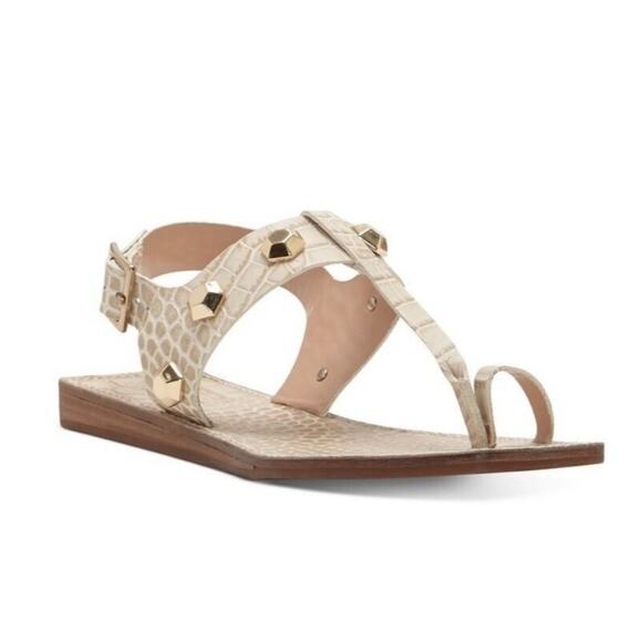 Vince Camuto Dailette Flat Sandal Size 8.5 Taupe Leather T-Strap Toe-Ring New - Picture 4 of 12